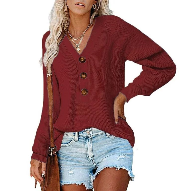 symoid 2022 Womens Sweaters- Casual Soild Long Sleeve Pocket Knit Pullover V-neck Sweater Coat Re... | Walmart (US)