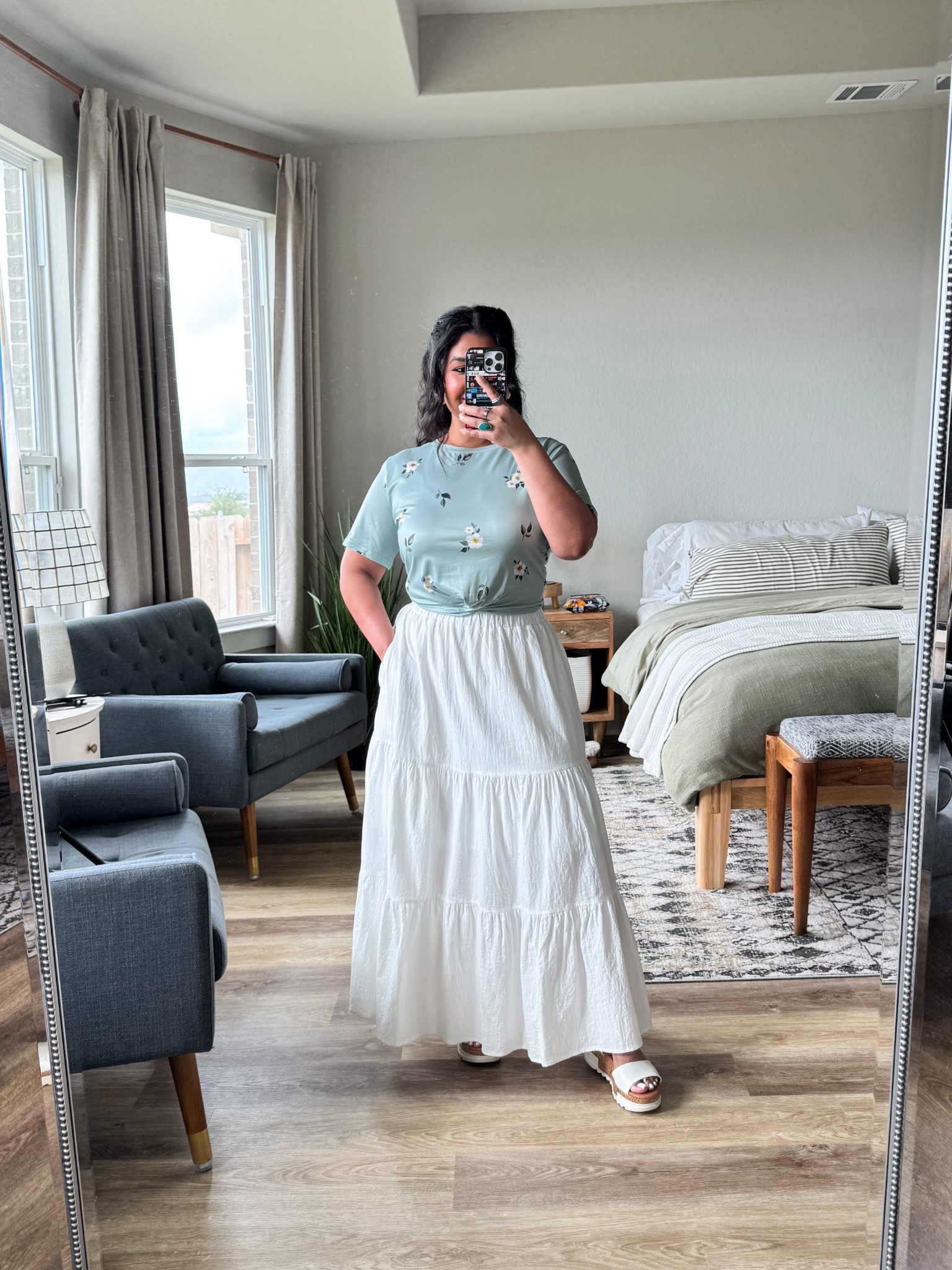 I’m 5’1” size 12 // TOP: wearing a L. this ended up being too big so I tied it with a hair tie in the back and tucked it! If you’re not wanting to tie it, I’d recommend sizing down! // SKIRT: wearing an XL. this doesn’t have a lot of stretch so I sized up for more room in my thighs and booty. Much comfier in a size up! // sandals are true to size // Slip shorts underneath skirt: I sized up to an XL. Comfiest slip shorts ever! 

#LTKOver40 #LTKMidsize #LTKPetite