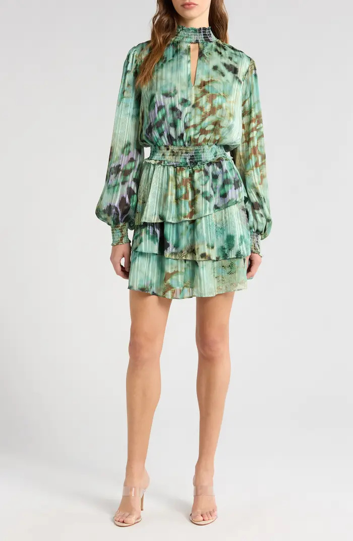 Print Metallic Smocked Long Sleeve Minidress | Nordstrom