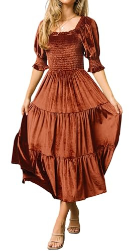 R.Vivimos Womens Fall Winter Velvet Dress Puff Sleeve Square Neck Smocked Tiered Ruffle A-Line Fl... | Amazon (US)