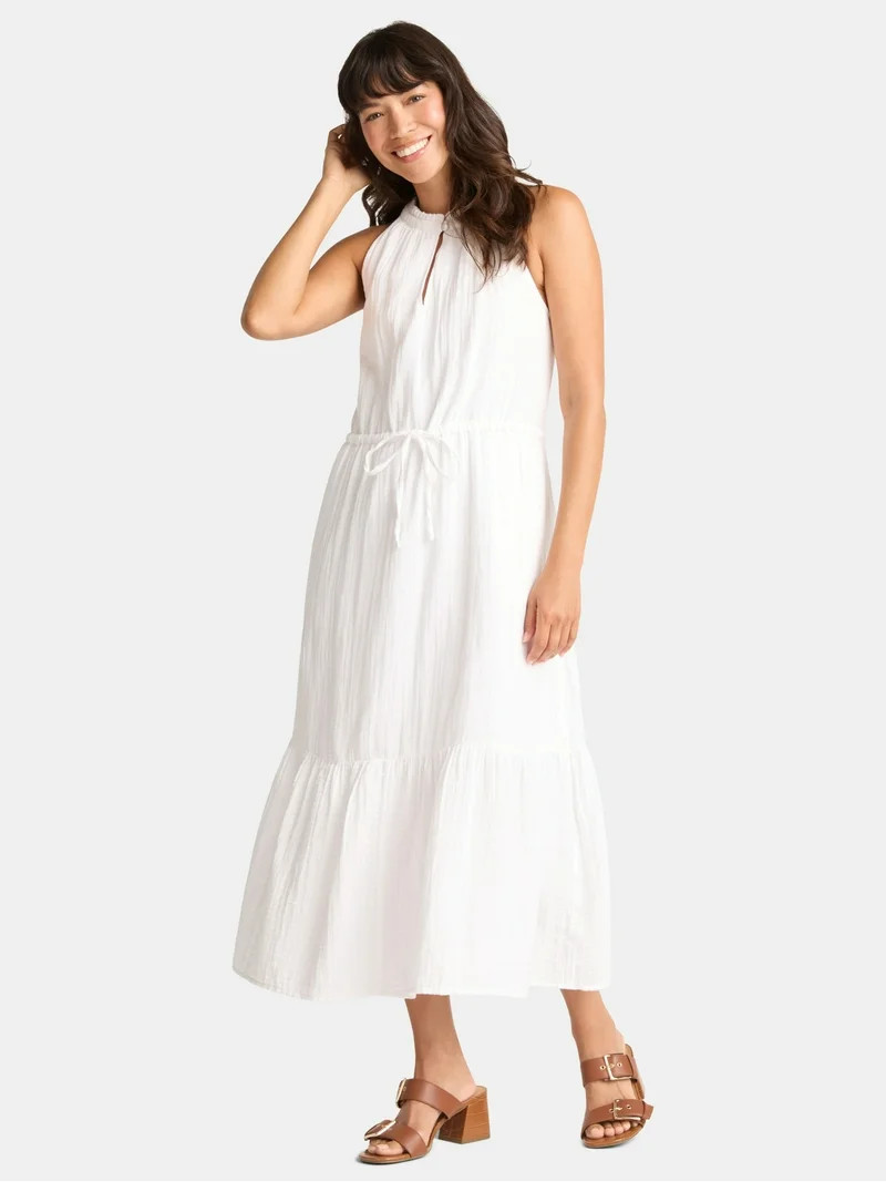 Time and Tru Women's Cotton Double Cloth Tiered Midi Dress, Sizes XS-XXXL | Walmart (US)