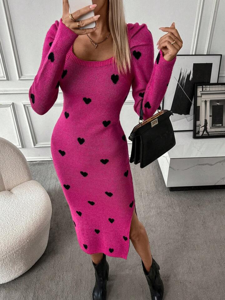 SHEIN LUNE Heart Patterned Sweater Dress With Split Hem | SHEIN