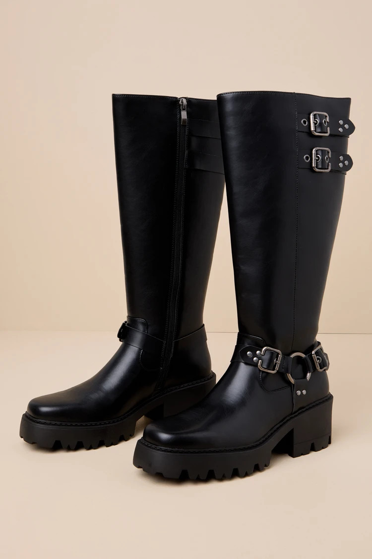 Adlery Black Belted Knee-High Moto Boots | Lulus