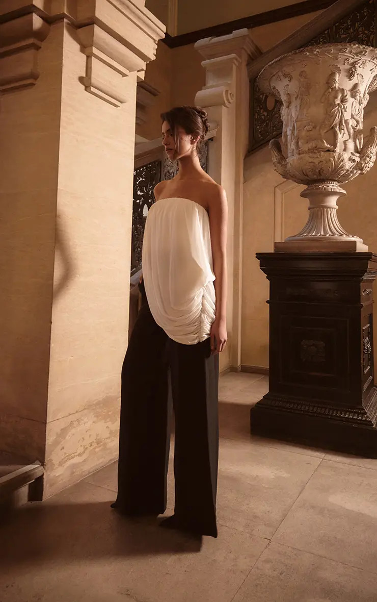 PLT Label Monochrome Draped Mesh Jumpsuit | PrettyLittleThing US