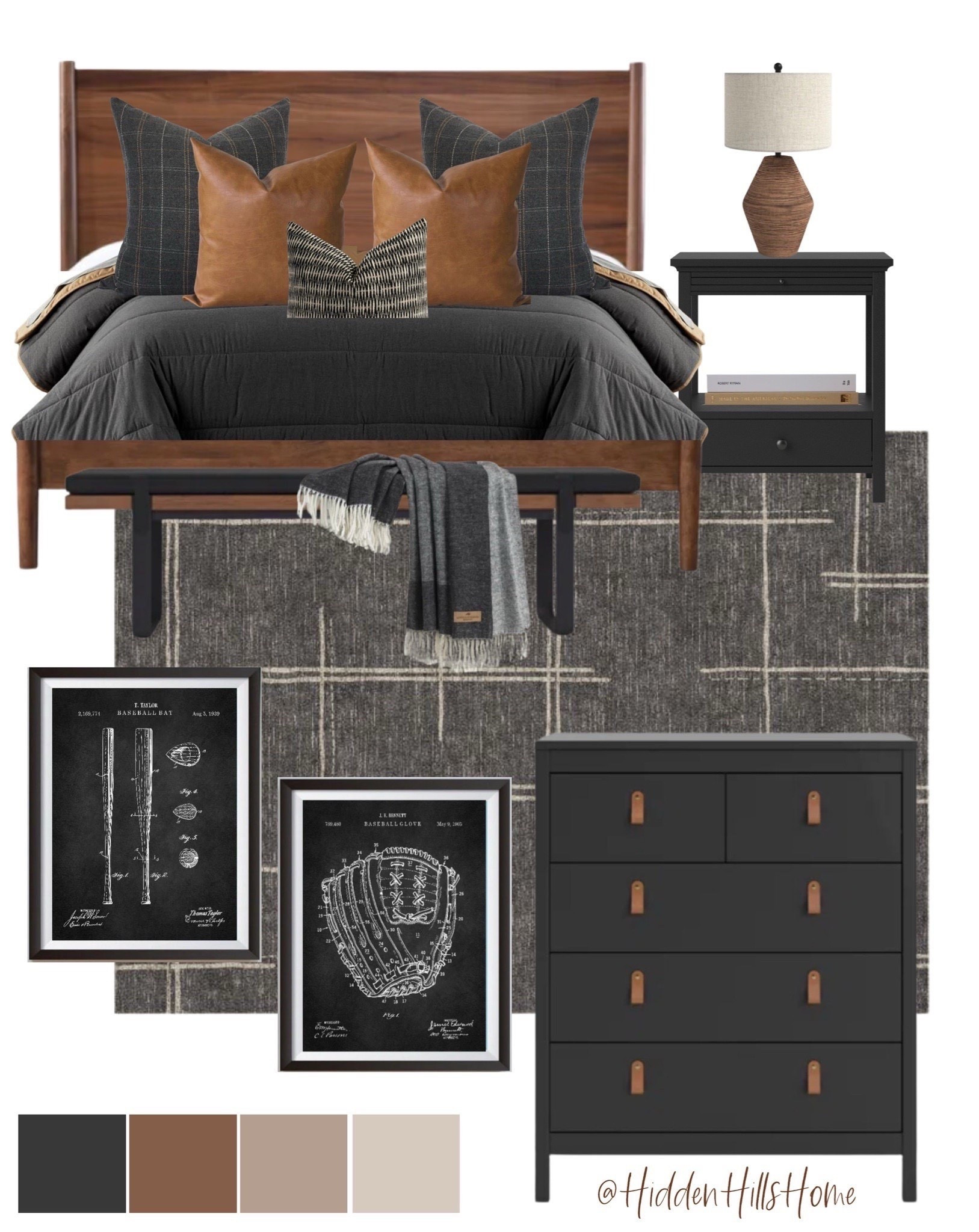 Boys bedroom mood board, black and brown boys bedroom design, baseball artwork for teen bedroom #moodboard #baseball #design 

#LTKKids #LTKSaleAlert #LTKHome