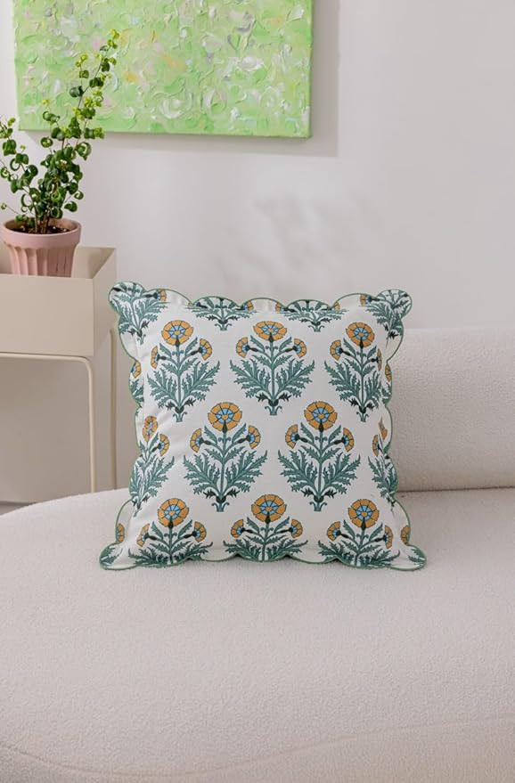 Scalloped Throw Pillow Covers with Block Print Floral Patterns and Hidden Zipper - Olive, 20 x 20... | Amazon (US)