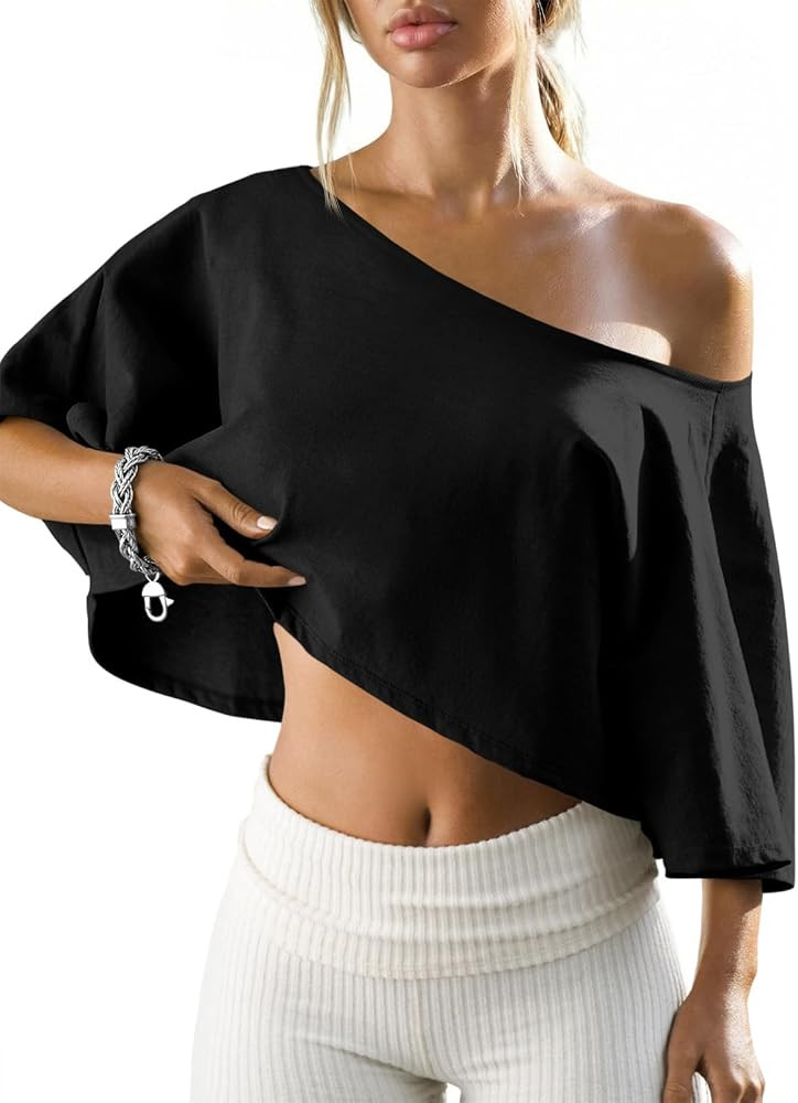 Fisoew Womens Off The Shoulder Cropped Tops Batwing Short Sleeve Workout Shirts Asymmetrical Neck... | Amazon (US)