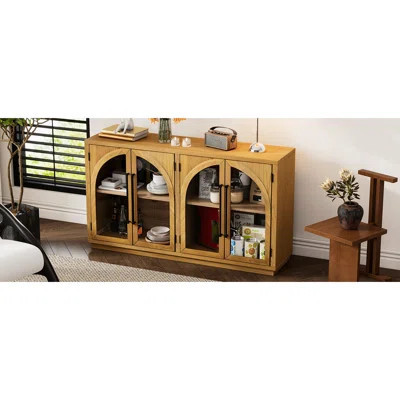 Arched 4-Door Sideboard Buffet, Adjustable Shelves, Retro Look, Natural Wood, Home Decor Buffet Cabinet With Glass And Style | Wayfair North America