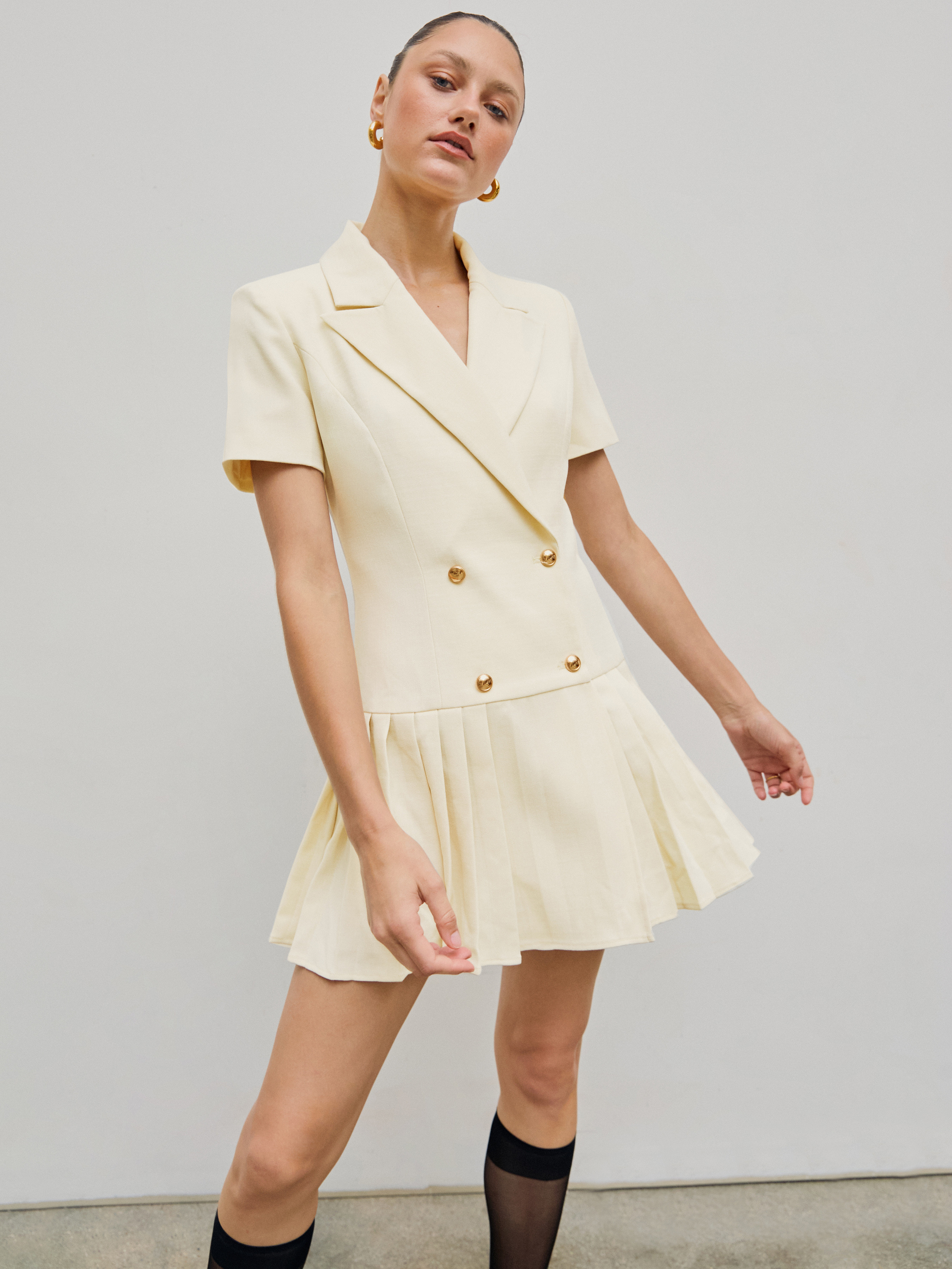 Collar Pleated Button Mini Dress For Work Date Picnic | Cider