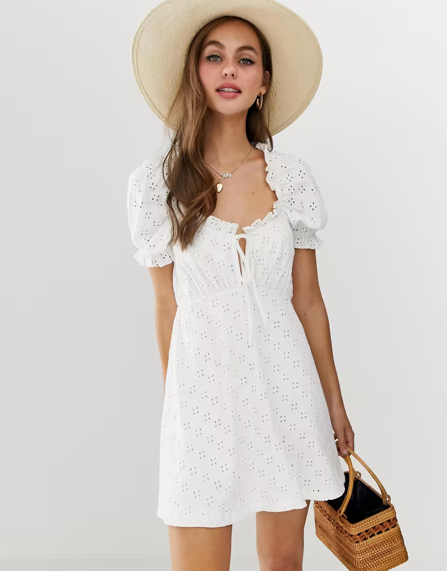 ASOS DESIGN puff sleeve broderie tea dress-White | ASOS (Global)
