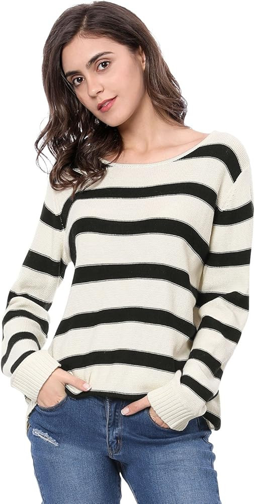 Allegra K Women's Round Neck Drop Shoulder Tunic Striped Sweater | Amazon (US)