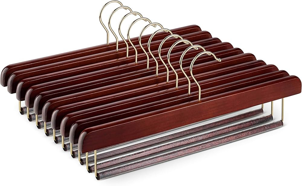 High-Grade Wooden Slack/Trouser Pants Hangers with Non Slip Bar (10 Pack) Smooth Finish, Durable ... | Amazon (US)