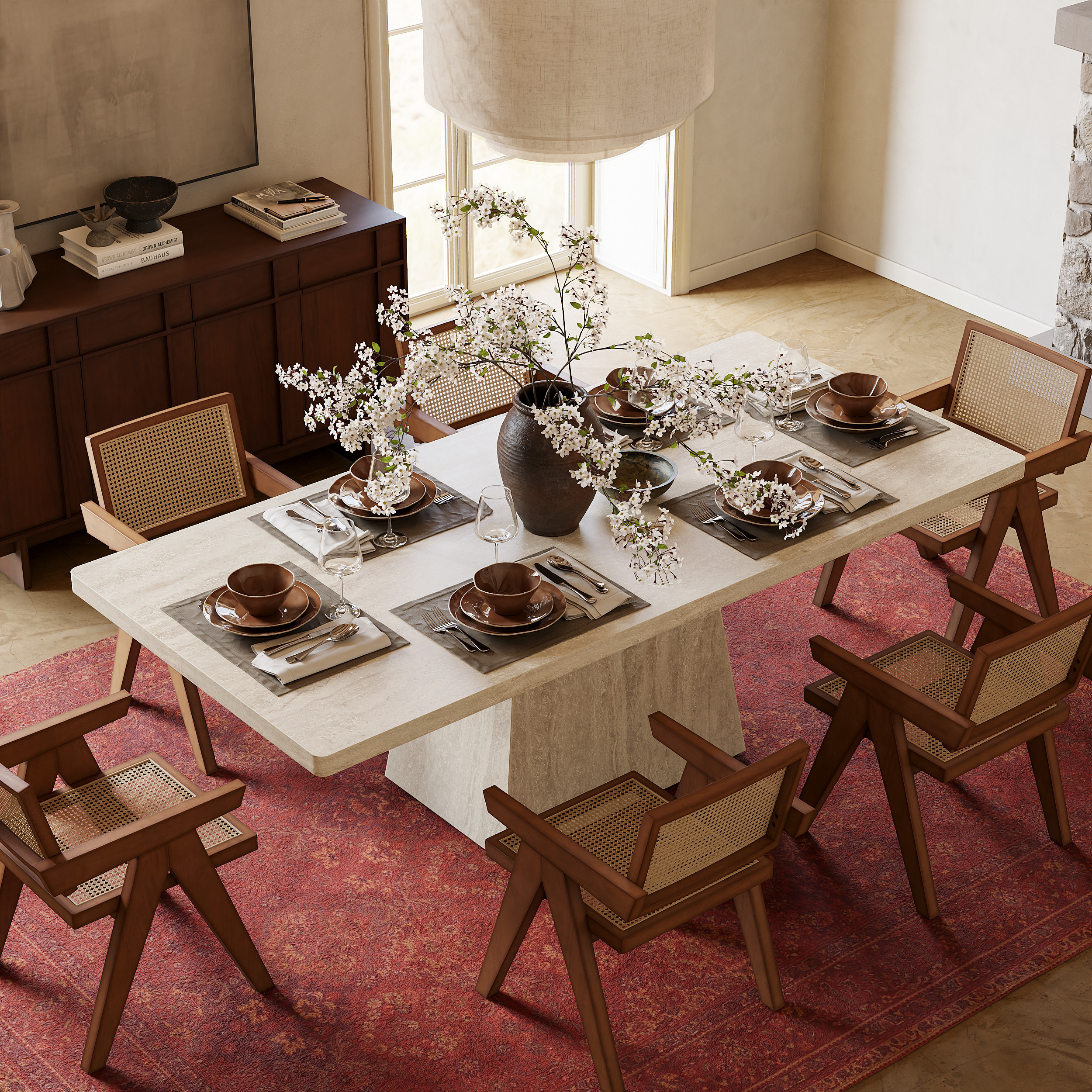 Dining Set 79"" Faux Travertine Dining Table with 6 Chairs | Homary