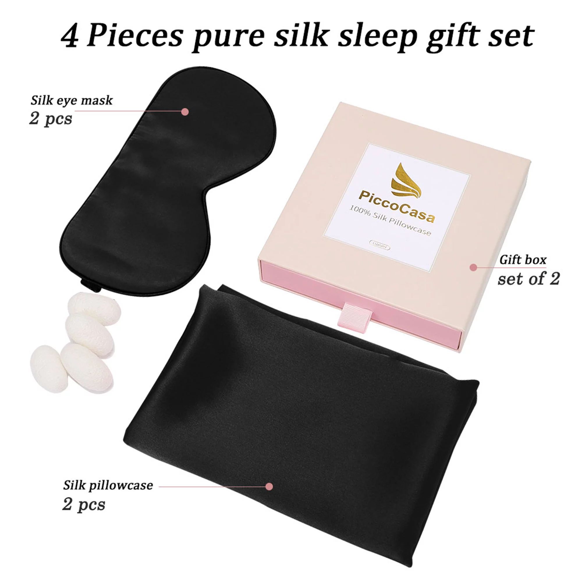 PiccoCasa Envelope Pillowcases + Eye Masks Sets, 2pcs Both Sides Silk, King, Black | Walmart (US)