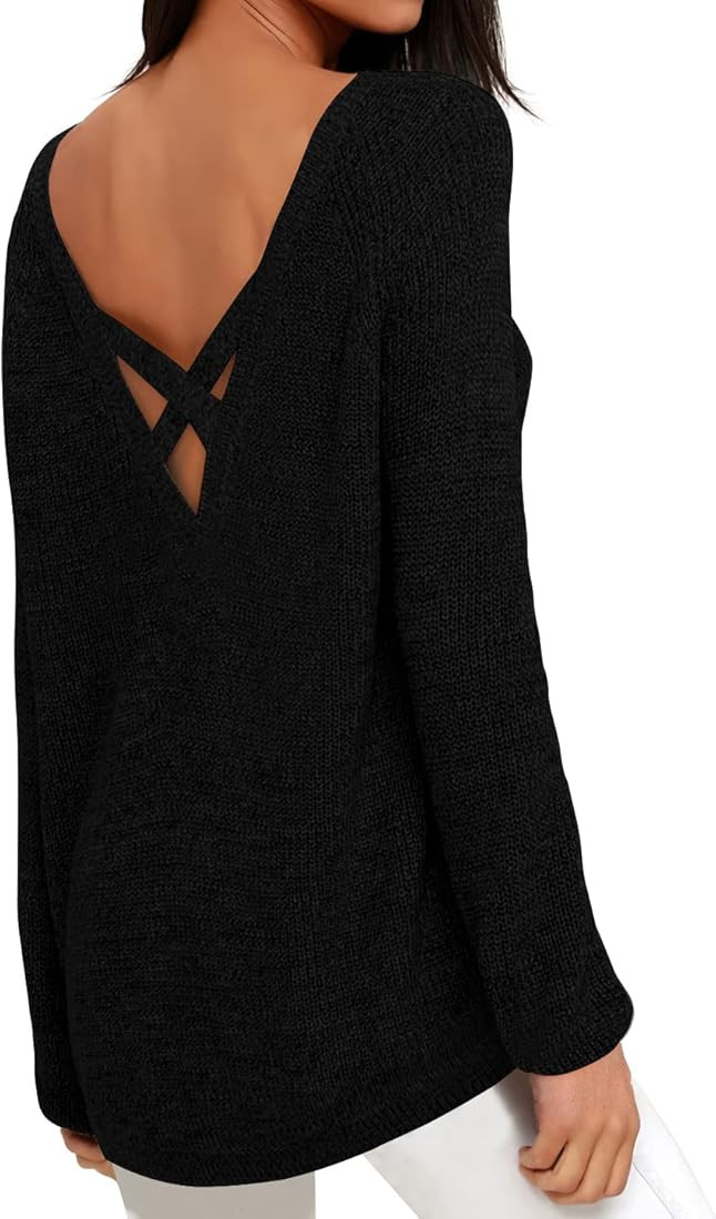 IWOLLENCE Fall Sweaters for Women 2022 Criss Cross V Back Pullover Long Sleeve Loose Knitted Tops | Amazon (US)