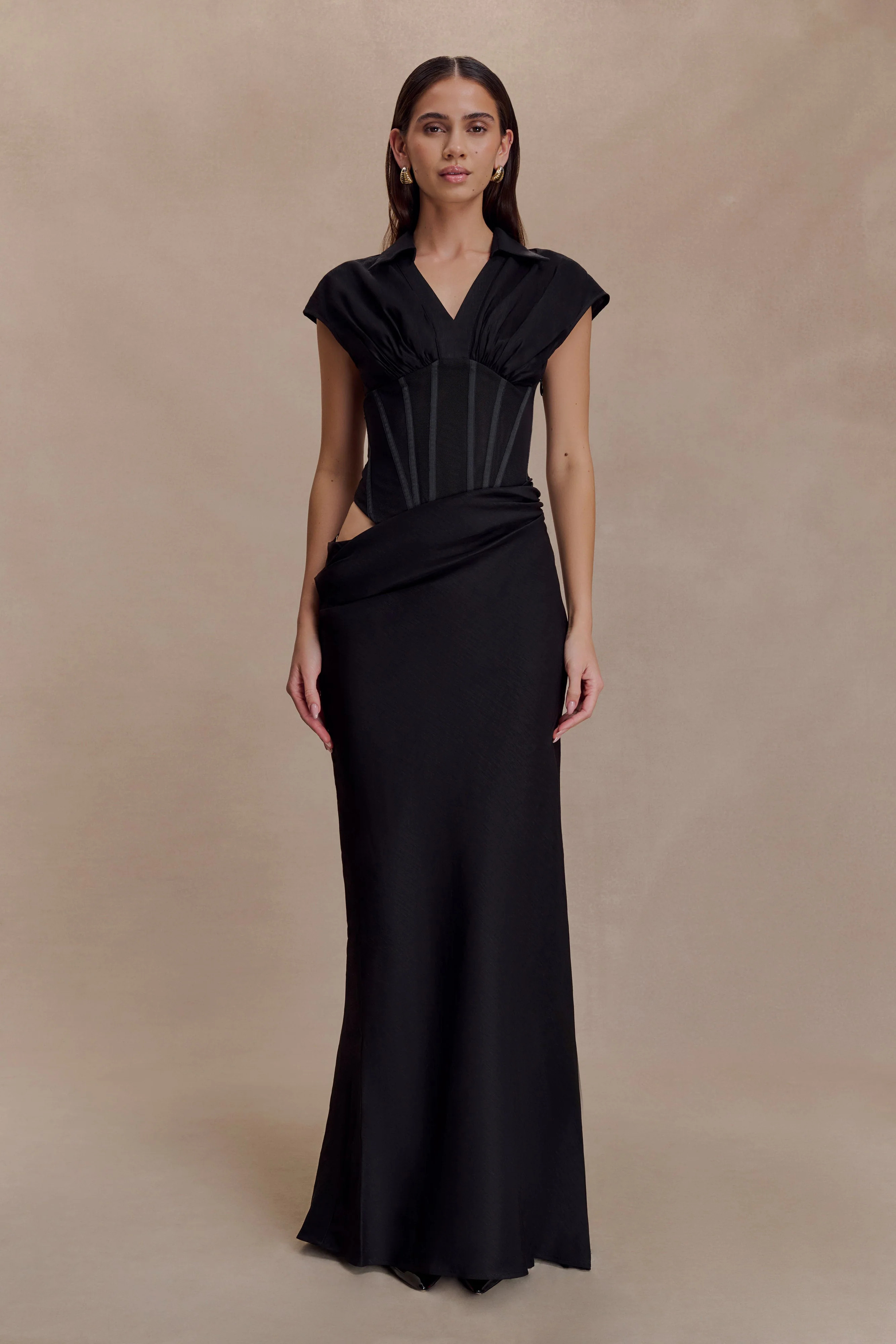 Saphira Shirt Corset Maxi Dress - Black | MESHKI US