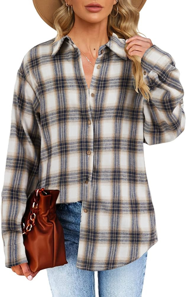 Women's Long Sleeve Plaid Shirts Flannel Collared Button Down Shacket Casual Rolled Up Boyfriend ... | Amazon (US)