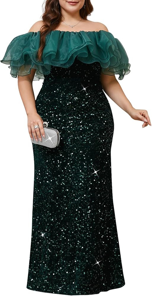 Sequin Formal Dress for Women – Sparkly Cold Shoulder Gown with Straps for Wedding Guest or Pro... | Amazon (US)