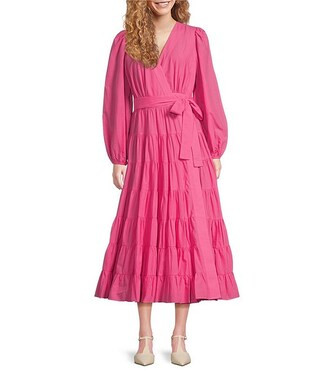 Woven Poplin V-Neck Long Blouson Sleeve Tie at Side Wrap A-Line Flounce Midi Dress | Dillard's
