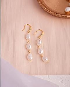 Long Pearl Earrings for Women 14K Gold Plated Sterling Silver Baroque Pearl Dangle Drop Earrings ... | Amazon (US)