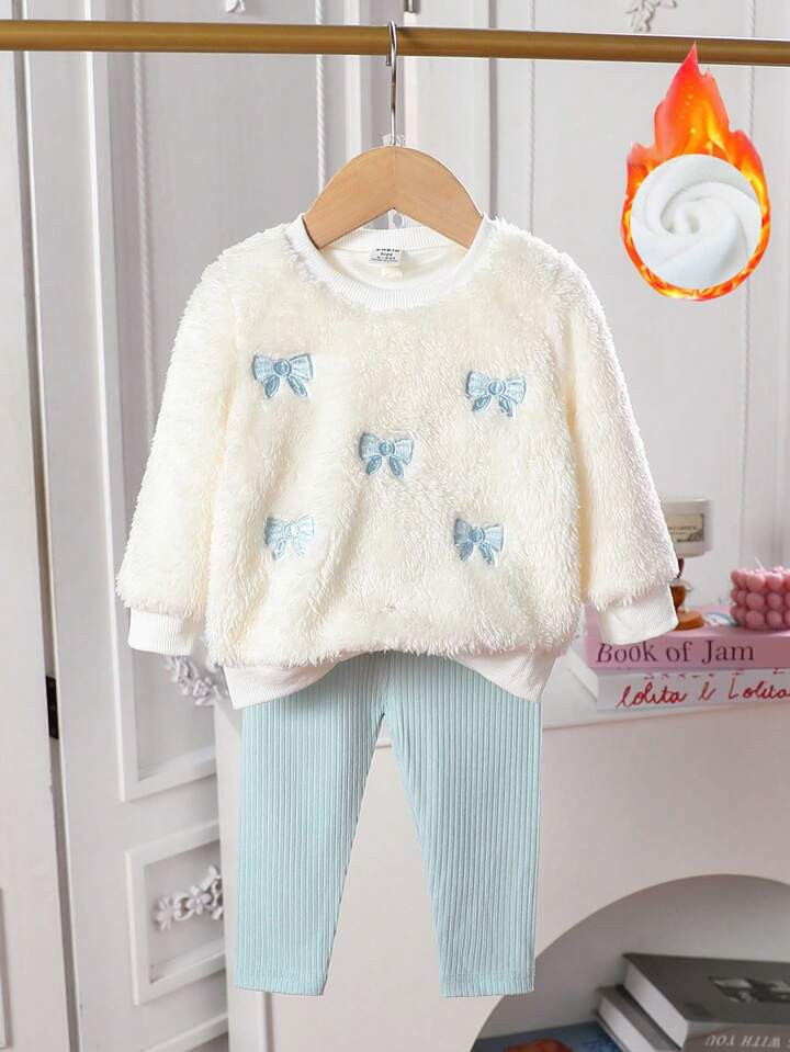 Baby Girls' Embroidered Bow Fleece Pullover Top And Textured Leggings 2-Piece Outfit, Fall/Winter... | SHEIN