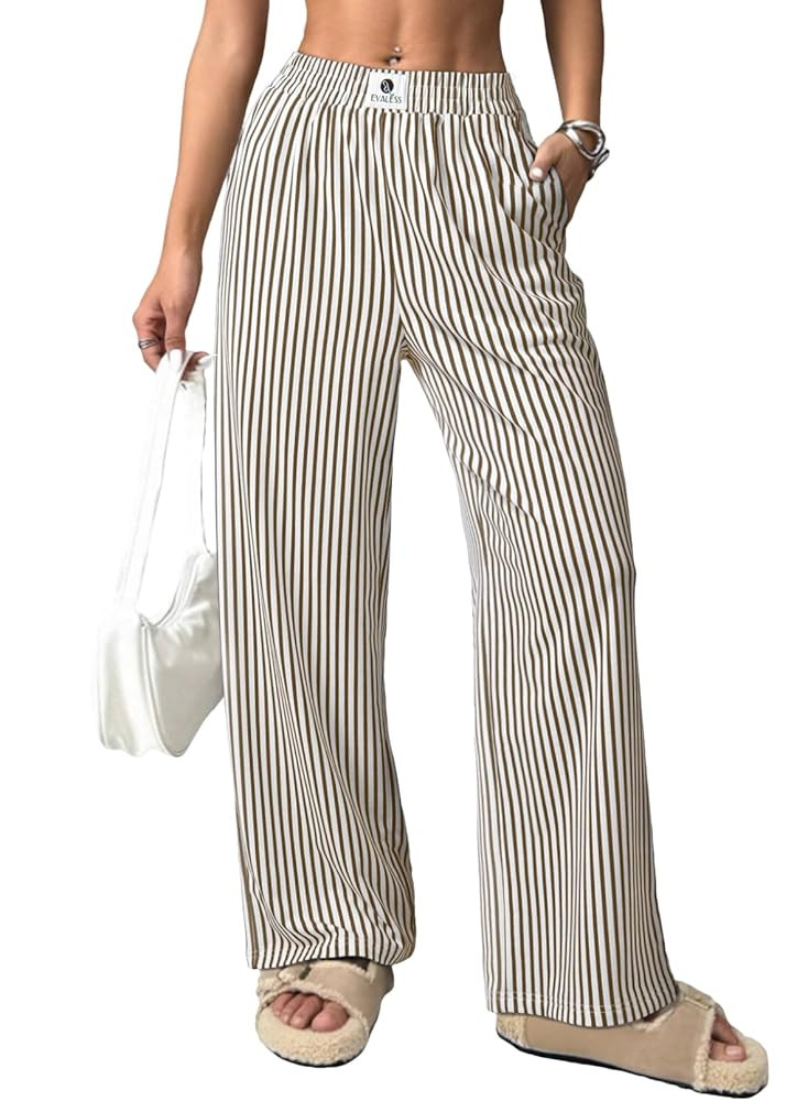 EVALESS Women's Striped Pants 2025 Comfy High Waist Wide Leg Lounge Pants Y2K Casual Lightweight ... | Amazon (US)