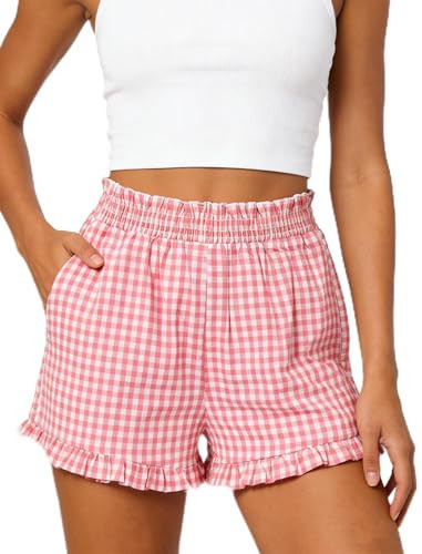 Rioofinx Womens Ruffle Boxer Shorts Gingham Pajama Shorts with Pockets Lounge Sleep Shorts Summer Causal Outfit 2026 Pink M | Amazon (US)