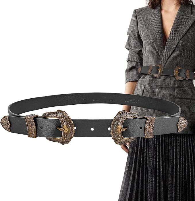 NPET Women Leather Belt, Western Cowgirl Vintage Double Floral Buckles Belts for Women Fashion Dr... | Amazon (US)