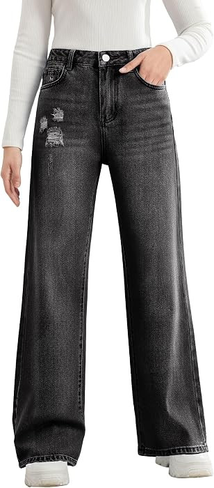Girls Baggy Jeans Wide Leg Denim Pants Elastic Waist Pockets Kids Teen | Amazon (US)
