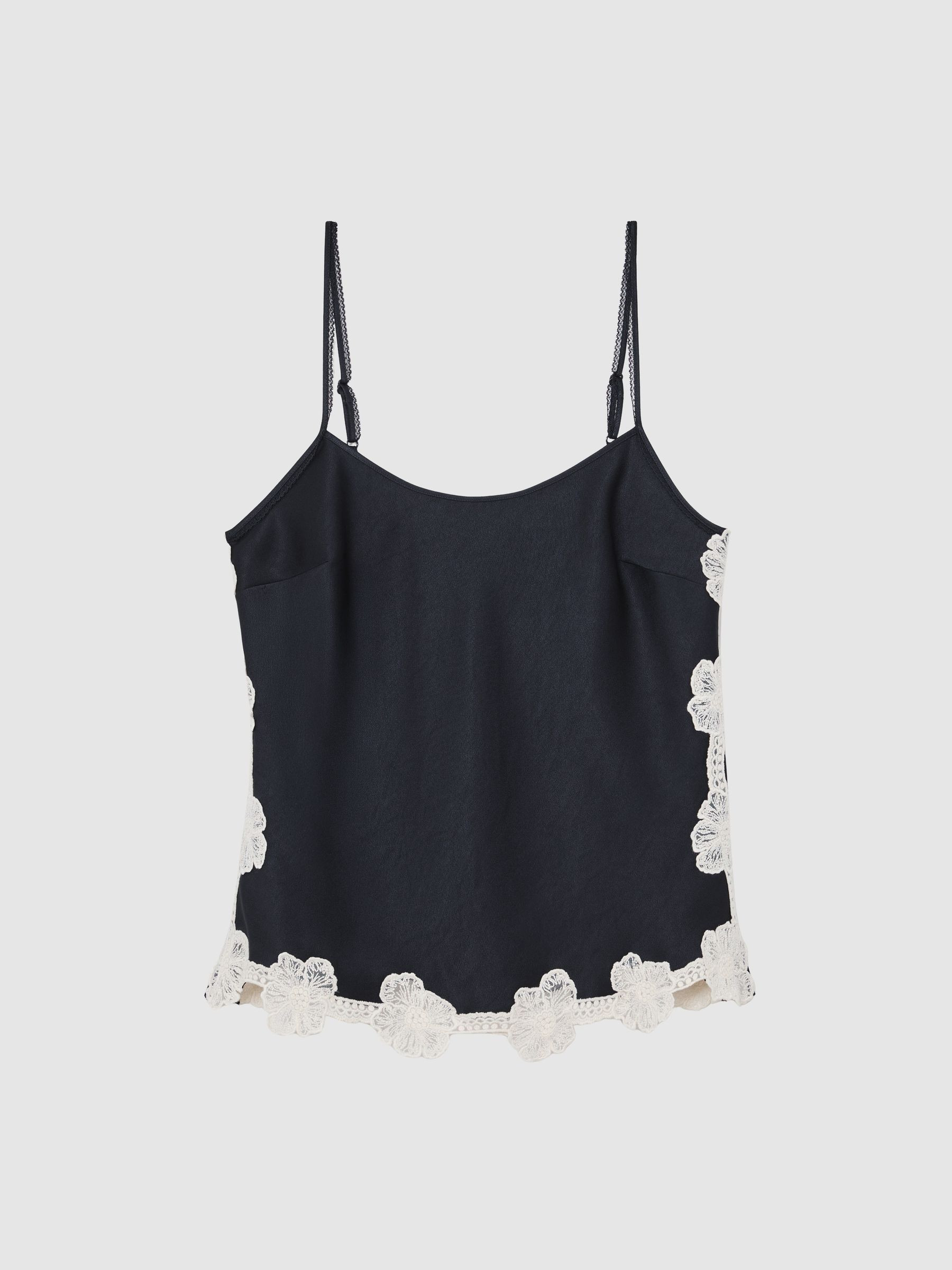 Reiss Satin Floral-Lace Trim Cami Top in Navy | REISS | Reiss US