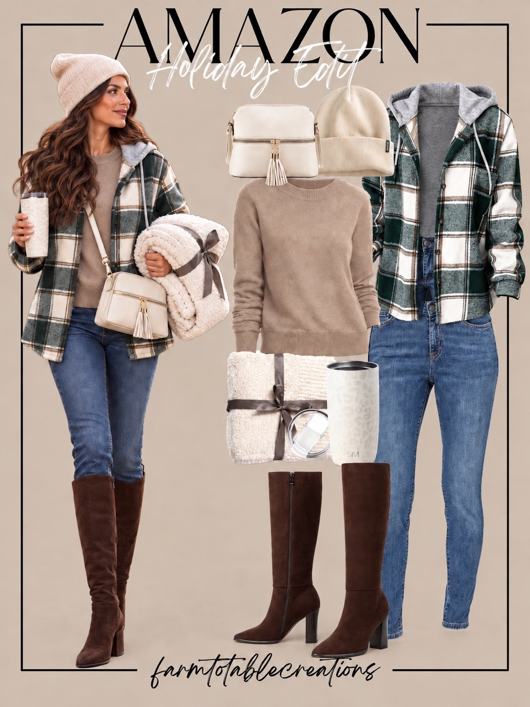 Amazon Christmas Tree Farm Outfit 🎄🤎

The perfect Christmas tree farm outfit for a cozy day picking out the tree! A neutral sweater, classic jeans, and a green plaid shacket give this look that festive-but-not-too-festive feel, while the brown knee-high boots and cream beanie make it perfect for a chilly day outdoors.

Add a neutral crossbody, warm blanket, and travel tumbler for everything you need for tree hunting, hot cocoa, and those must-have family photos at the farm. 🎄☕ This is such an easy outfit to wear all winter long, too!

Follow @farmtotablecreations on Instagram for more cozy home finds and trending decor.

#LTKStyle #AmazonFashion #AmazonFinds #TreeFarmOutfit #ChristmasTreeFarm #ChristmasOutfit #HolidayOutfit #WinterOutfit #PlaidShacket #CozyWinterStyle #AmazonStyle #HolidayStyle #FamilyPhotoOutfit #ChristmasStyle #LTKHoliday

#LTKOver40 #LTKSeasonal #LTKmomlife