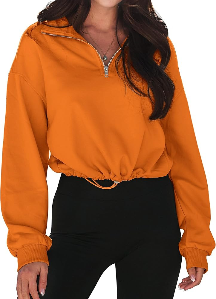 MEROKEETY Women's Quarter Zip Crop Sweatshirt Long Sleeve Stand Collar Drawstring Casual Pullover... | Amazon (US)