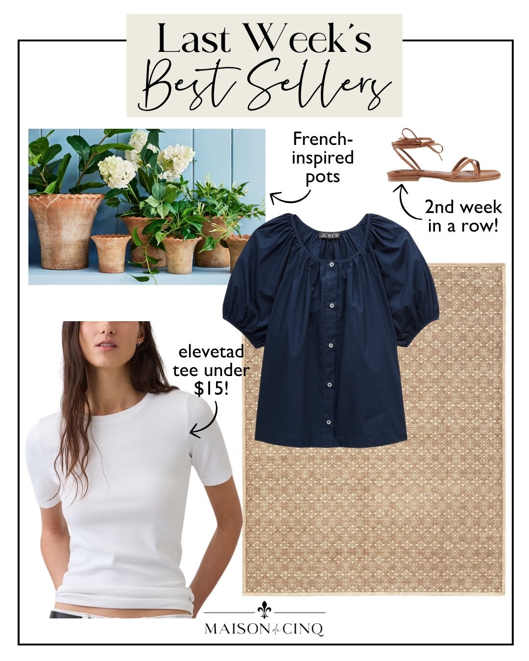 Last week’s best sellers include an elevated tee under $15, viral sandals worth every penny, my favorite French-inspired pots, and more!

Home decor, summer decor, outdoor decor, planters, area rug, summer fashion, summer outfit, summer blouse

#LTKSeasonal #LTKHome #LTKSaleAlert