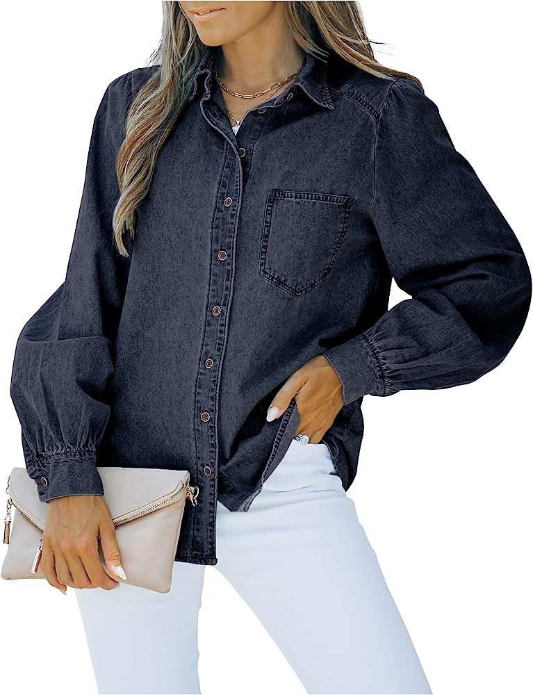 luvamia Women's Denim Shirt Collared Button Down Shirts Puff Long Sleeve Tops | Amazon (US)