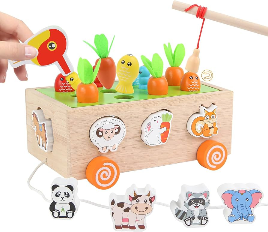Montessori Toys for 1 2 3 Year Old Toddlers, 5 in 1 Wooden Shape Sorting & Matching Puzzle Carrot... | Amazon (US)