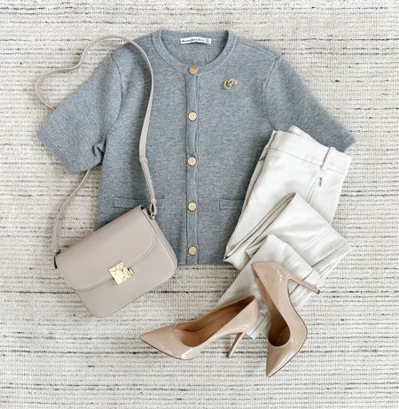 Spring workwear with gray short sleeve button up cardigan paired with cream work pants and pumps for a chic look! Love this for workwear, dinners, date night and more. Can be dressed up with a blazer or more comfy with flats 

#LTKworkwear #LTKstyletip #LTKSeasonal