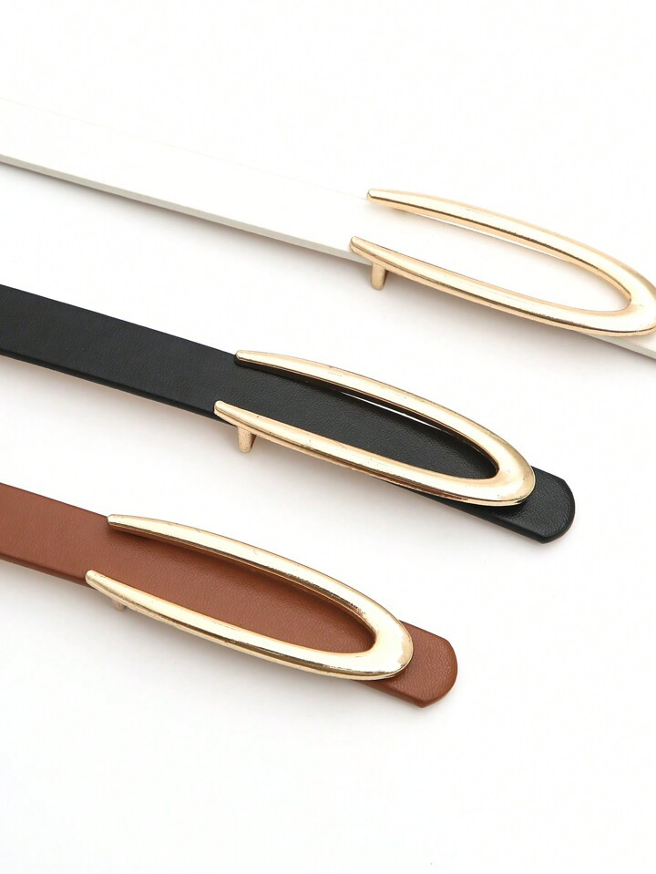 3pcs Women's Gold Tone Buckle Black/white/brown All-match Romantic Casual Thin Belt, Suitable For... | SHEIN