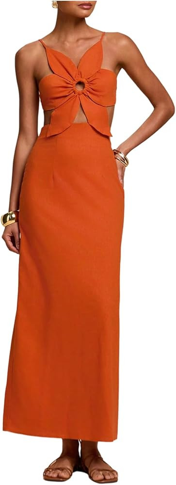 SHENHE Women's Petal Backless Linen Maxi Dress Cut Out Vacation Zipper Long Dresses | Amazon (US)