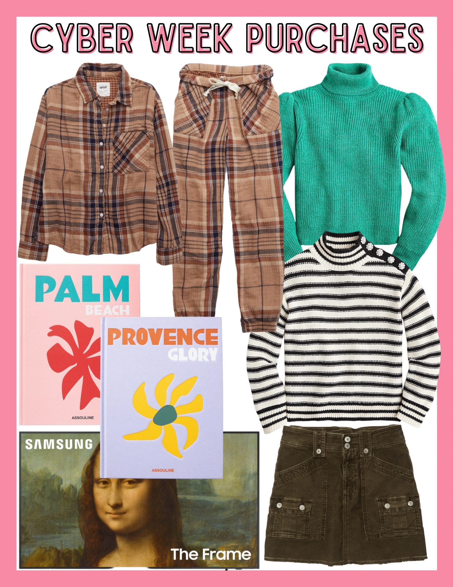 MY current Cyber Week purchases! So excited about the frame tv
Utility skirt / utility mini skirt / brown plaid pajamas / coffee table books 

#LTKsalealert #LTKCyberweek #LTKHoliday