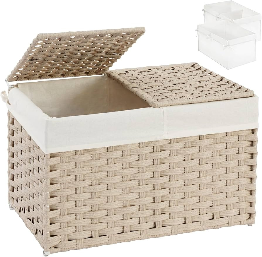 SETVSON Storage Basket with Lid, PE Rattan Storage Bin Light Khaki | Amazon (US)