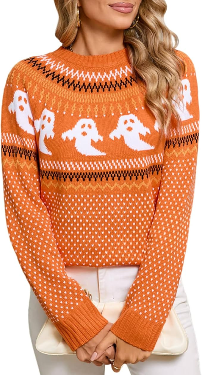 Women's Fair Isle Sweaters Long Sleeve Crew Neck Loose Casual Pullover Sweater | Amazon (US)