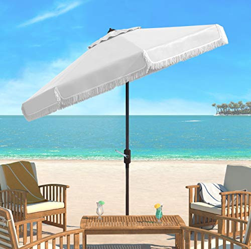 Safavieh PAT8008C Collection Milan Fringe 9Ft Crank Outdoor Push Button Tilt Umbrella, White/White | Amazon (US)