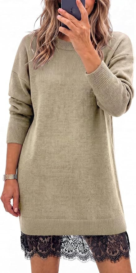 Wenrine Womens Fall Long Sleeve Lace Casual Knit Sweater Mini Dress | Amazon (US)