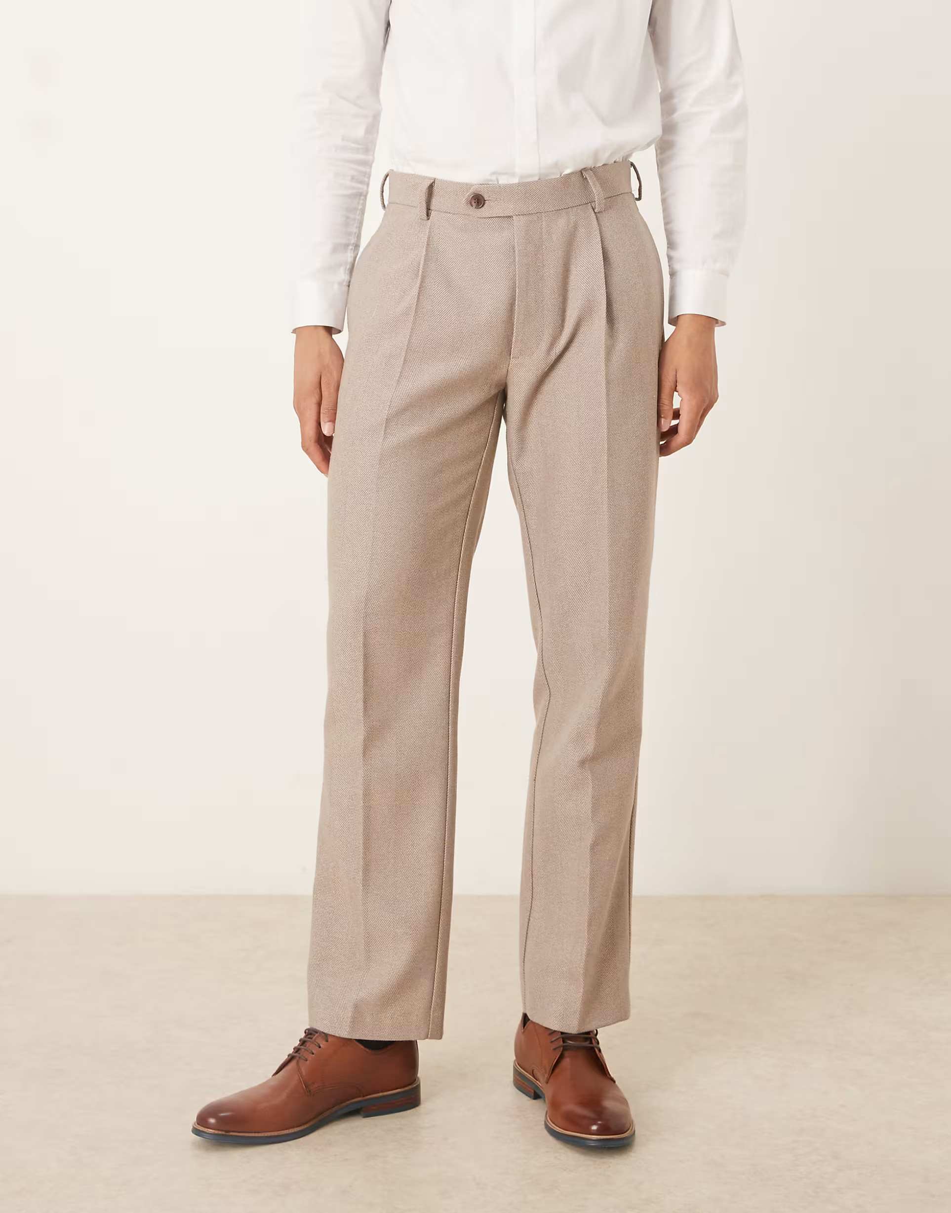 ASOS DESIGN pleated straight leg wool blend dress pants in beige herringbone | ASOS (Global)