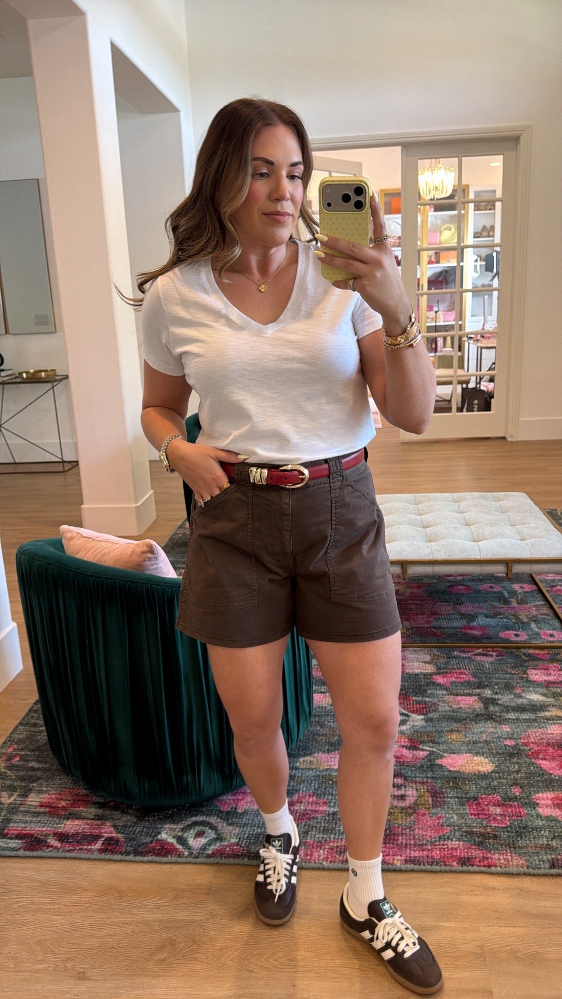curvy midsize casual summer outfit! wearing size large in white tee and size 30 in brown utility shorts. could size down in shorts! outfit is 20% off with code LTK20

#LTKxMadewell #LTKMidsize #LTKSeasonal