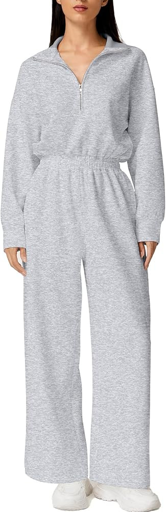 QINSEN Women's AirCotton Long-Sleeve Half-Zip High Waisted Wide Leg Jumpsuit with Peckets | Amazon (US)