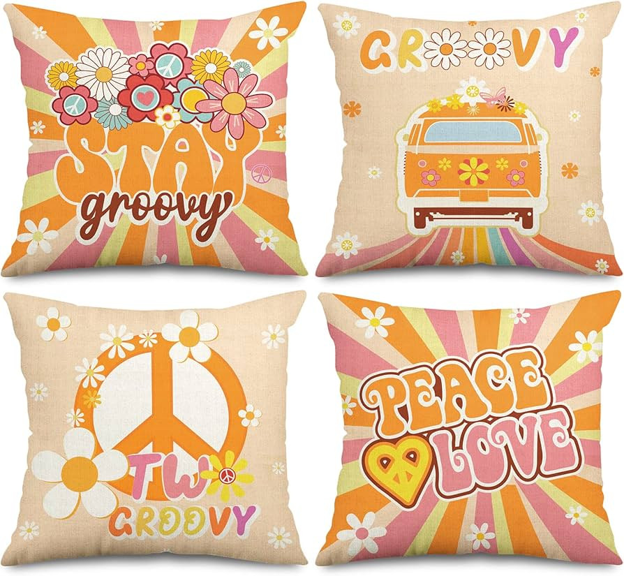 Whaline Groovy Hippie Boho Pillow Covers 18 x 18 Inch Retro Groovy Throw Pillow Cover Set of 4 Co... | Amazon (US)