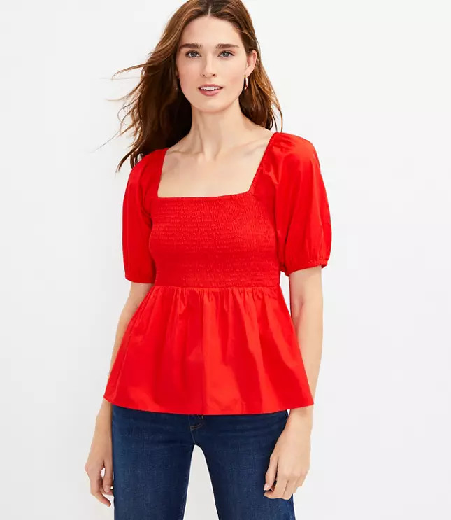 Smocked Puff Sleeve Peplum Top | LOFT