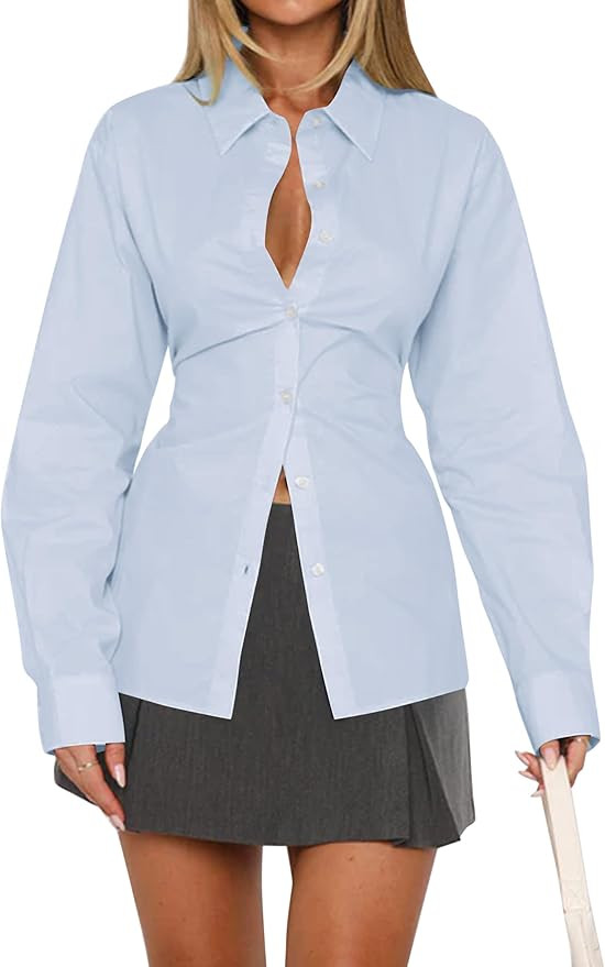 Women Long Sleeve Button Down Shirt Tie Back Cinched Waist Lapel Collar Corset Blouse Work Casual... | Amazon (US)