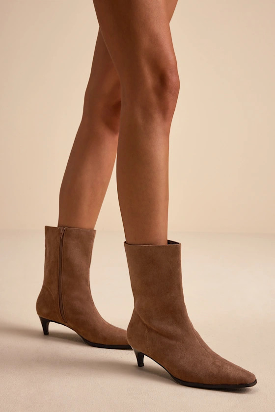 Carla Mocha Mousse Suede Kitten Heel Mid-Calf Booties | Lulus